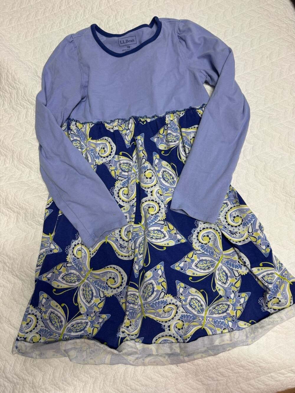 L.L. Bean Butterfly Dress Size 10 Blue Cotton Long Sleeve